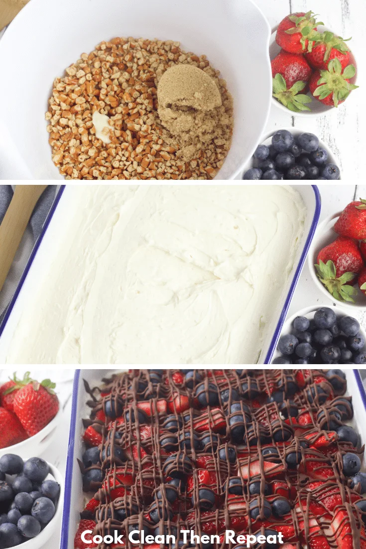 Cheesecake being made in three images. First one shows crust, second shows filling and third shows toppings.