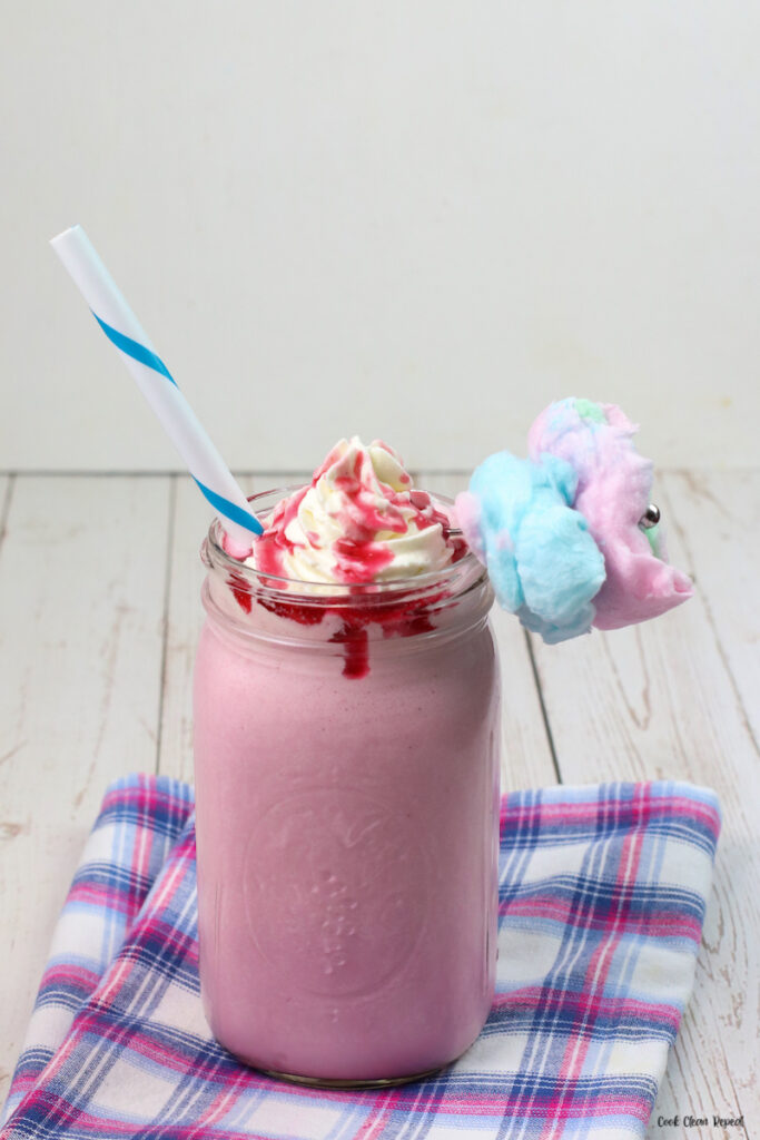 Finished recipe for cotton candy frappuccino recipe ready to drink. 