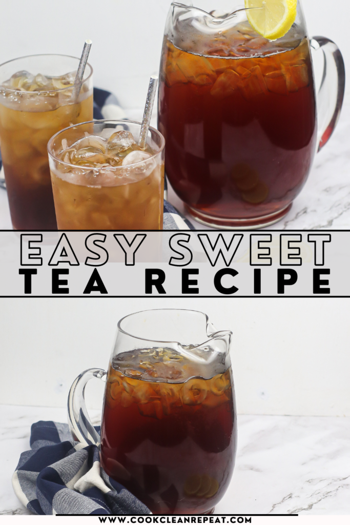 Pin showing the finished easy sweet tea recipe with title across the middle.