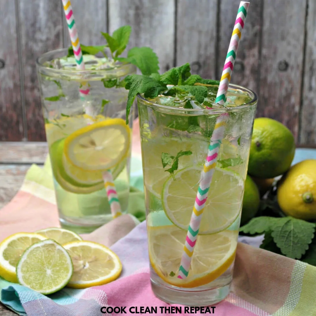 Two glass cups with water inside with ice, paper straws, and lemon and lime slices inside. Table cloth on the table is pink, green, blue, plaid. 
