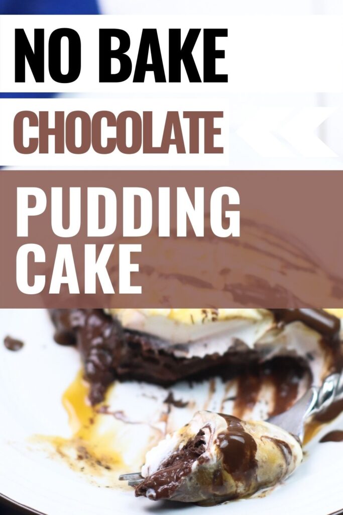 Pin showing the finished chocolate pudding cake recipe ready to eat with title across the image