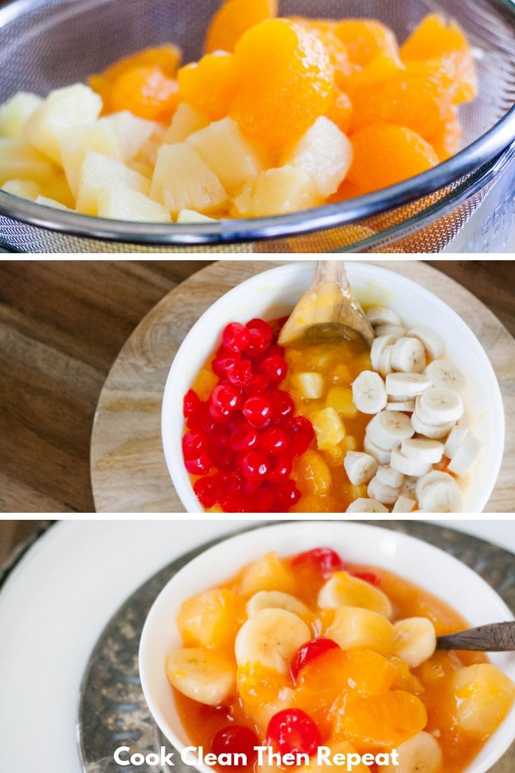 three photos of the process of making fruit salad one image shoes fruit one shows it being mixed up one shows final in a bowl with a spoon. 