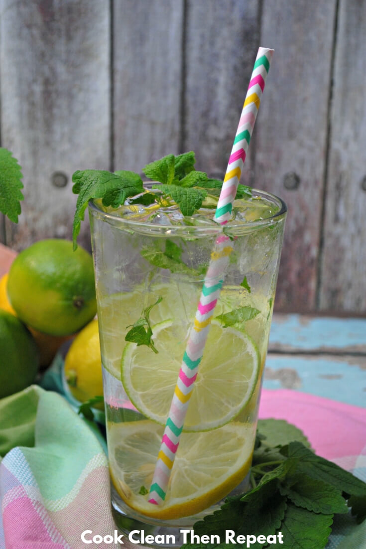 Two glasses of lemon water with leaves, lemons, limes, sliced included. 