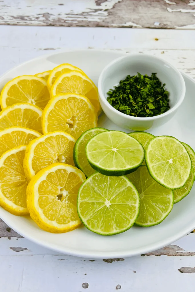 ingredients for lemon water including mint leaves, lime, lemon and lemon balm