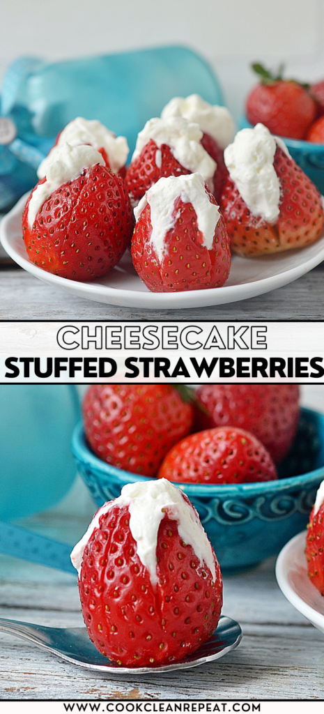 pin showing the title and the finished cheesecake stuffed strawberries