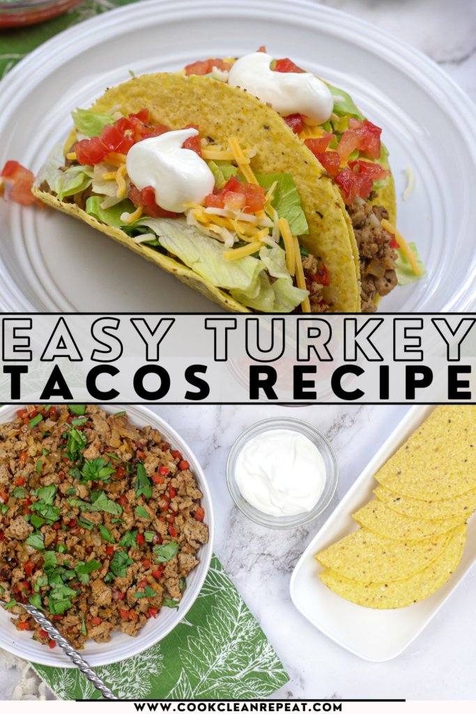 Pin showing the finished easy turkey tacos recipe