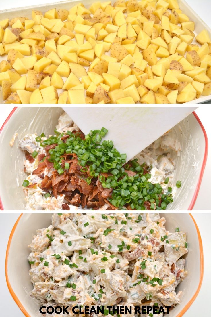 shows the three main steps of the recipe for baked potato salad.