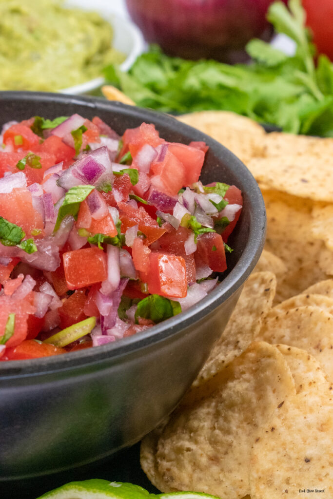 close up view of the finished pico de gallo