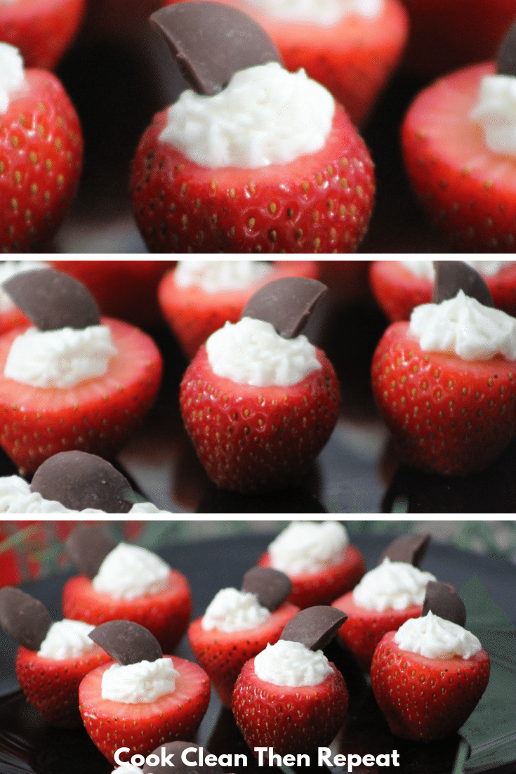 three images together that show the finished strawberries up close and then further out as the images descend. 