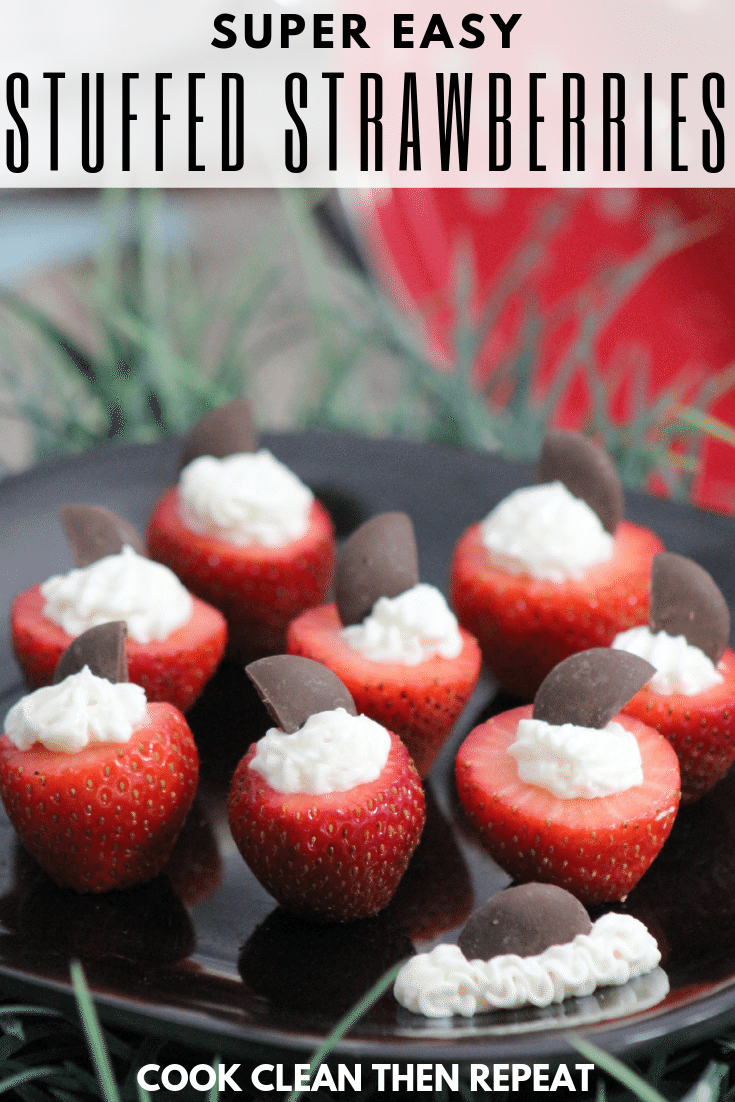 pin style image with title at the top and image of strawberries filled with cool whip. 