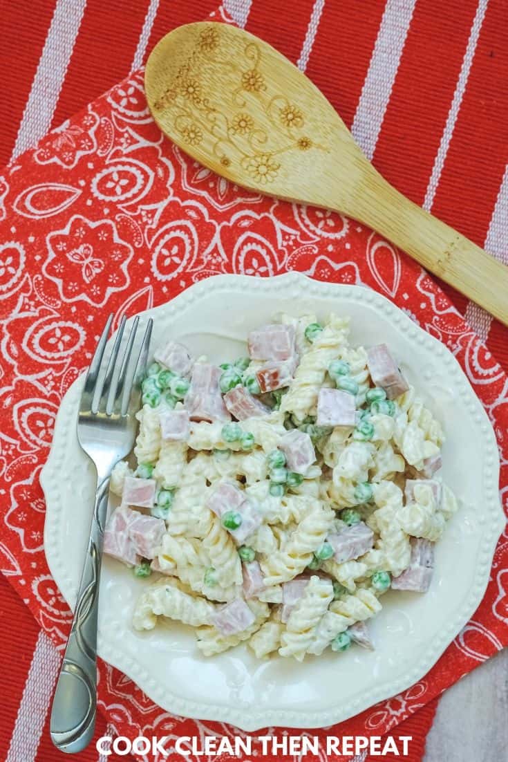 completed pasta salad recipe on a white plate with red table cloth
