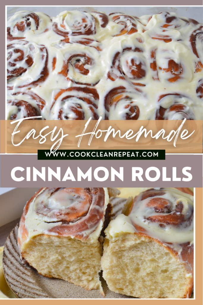 pin showing finished easy homemade cinnamon rolls 