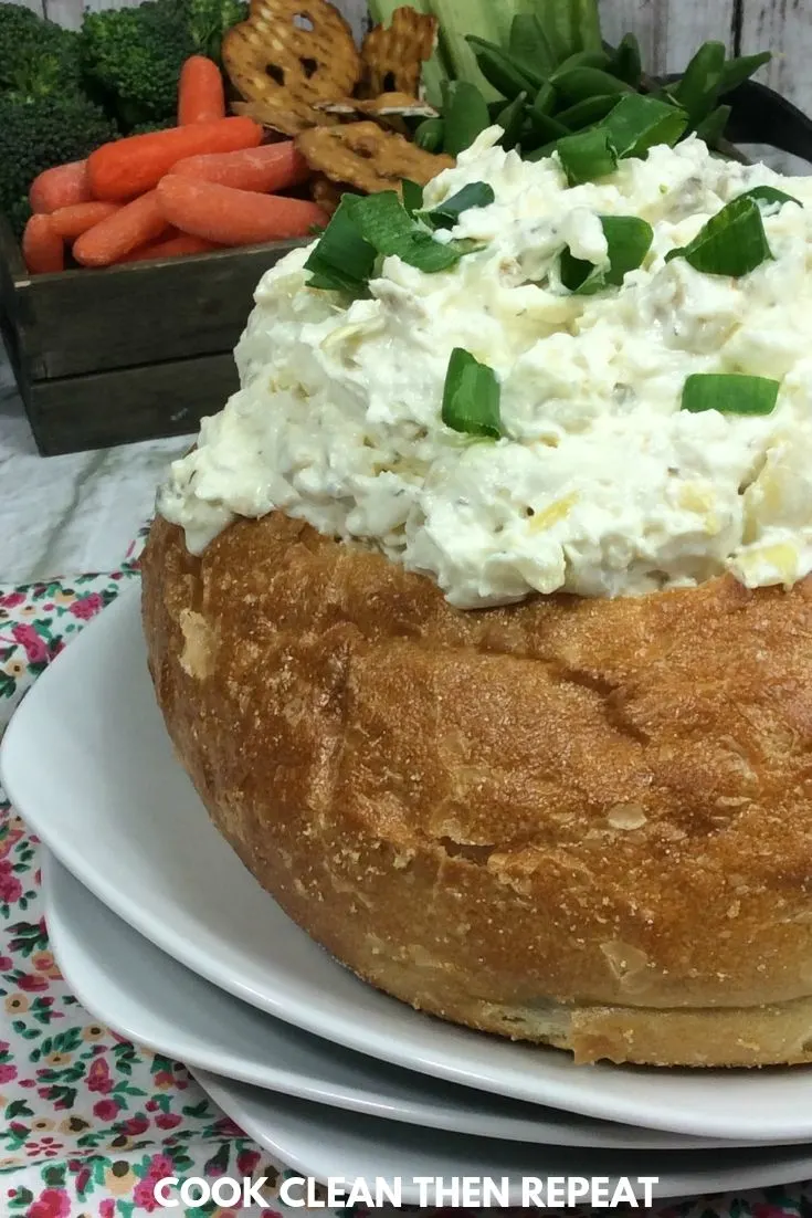 Finished dip in a bread bowl.