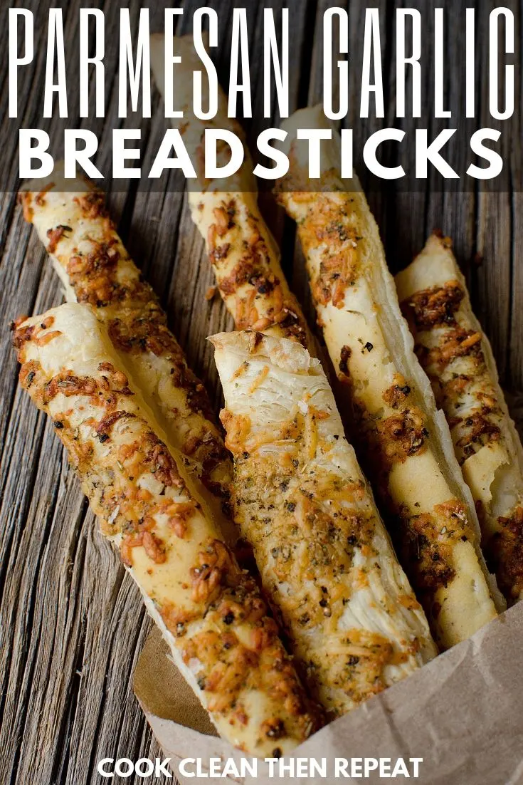 Another pin image with title on top showing finished breadsticks all laid out. 
