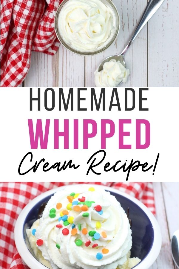 pin showing finished homemade whipped cream ready to eat