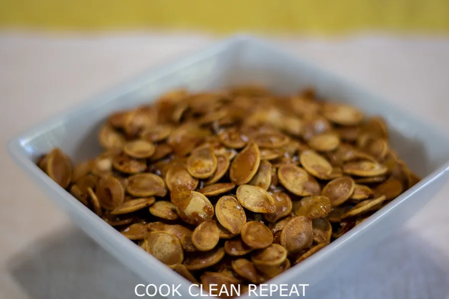 A close up view of the finished maple roasted pumpkin seeds. 