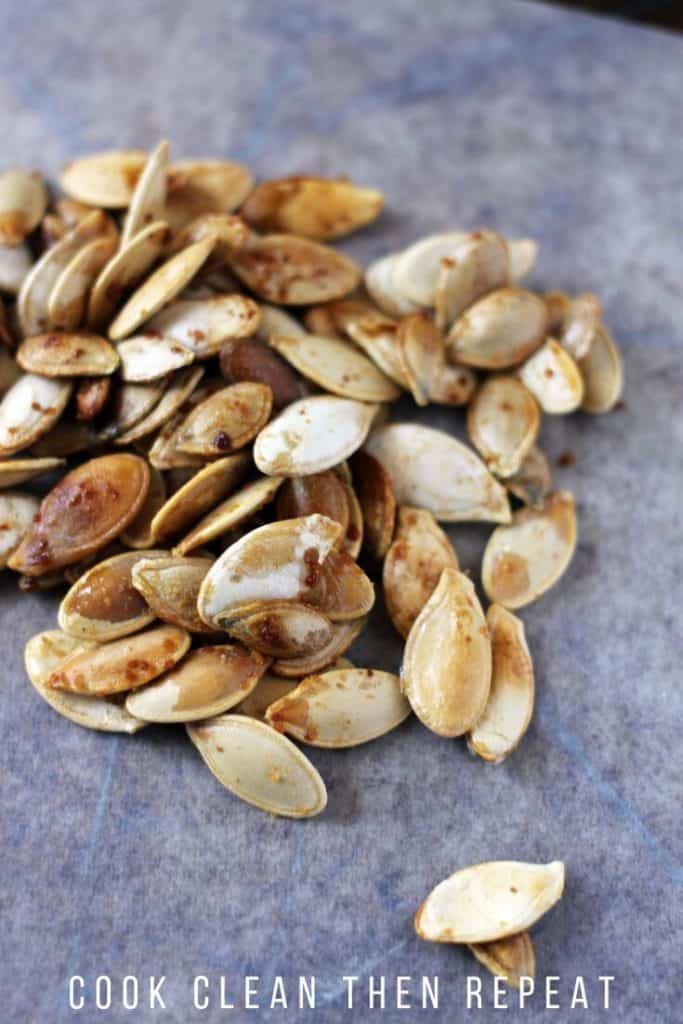 Finished maple roasted pumpkin seeds.