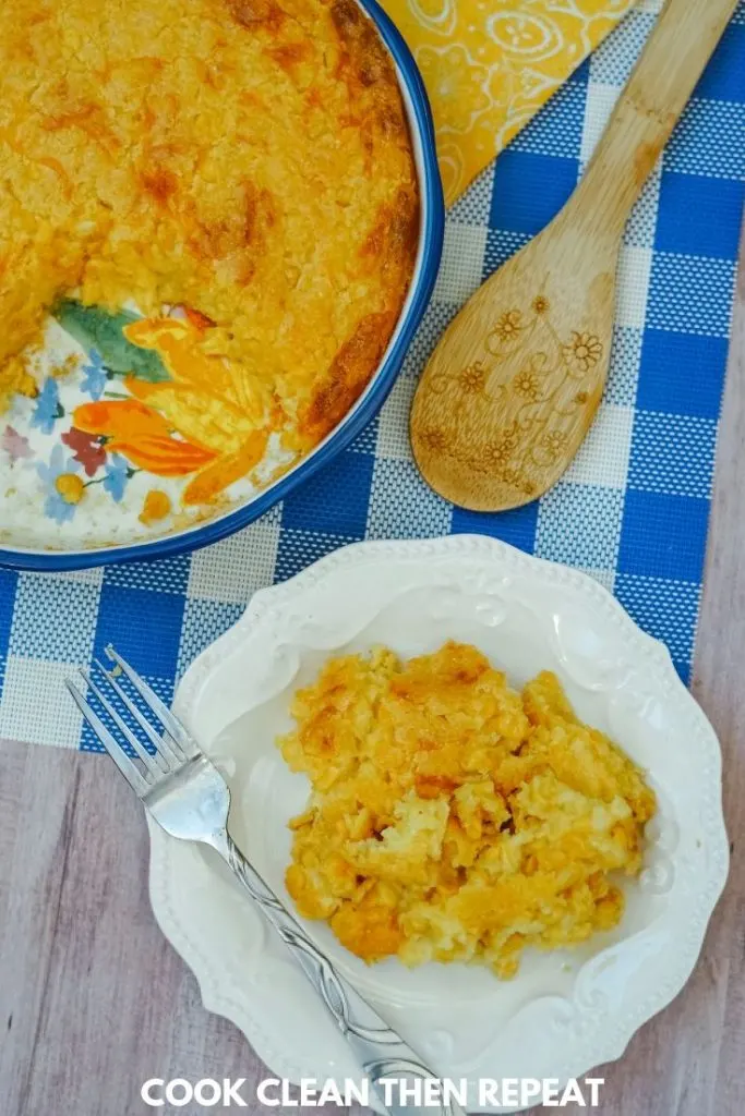 Image shows corn casserole on plate ready to eat.