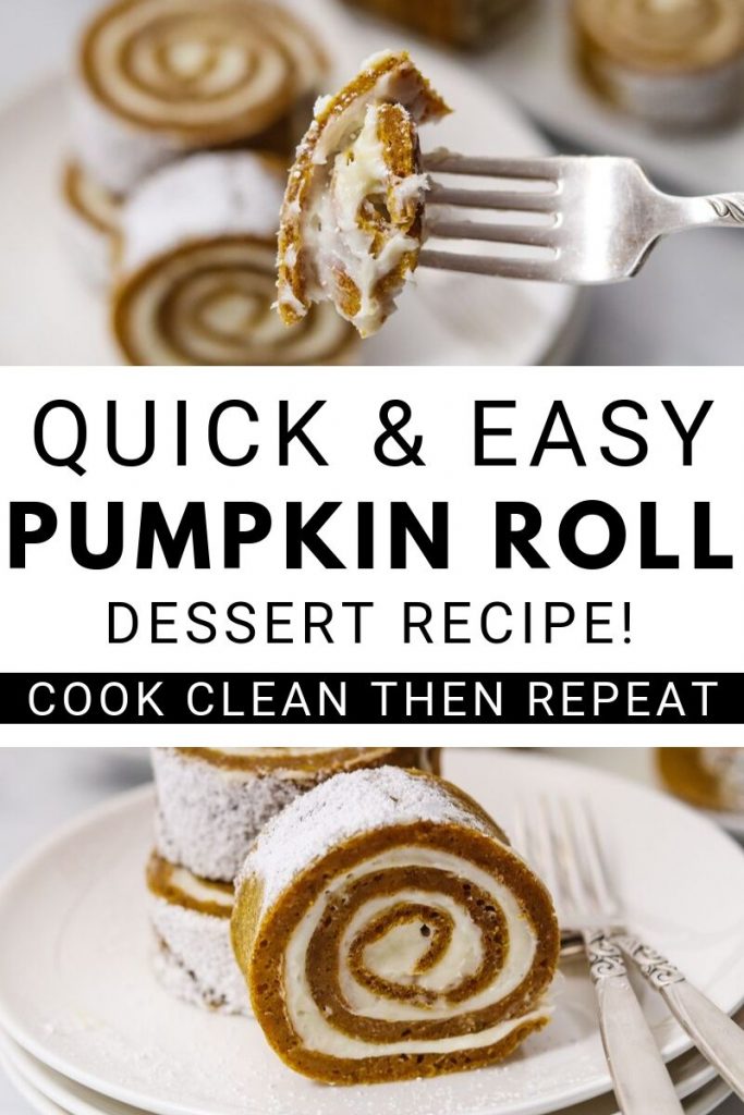 Another pin showing the text and title and two images of the finished pumpkin roll.