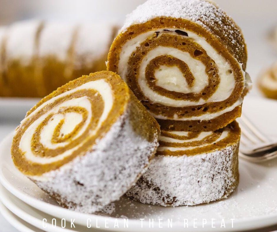 Close up shot of the finished and sliced pumpkin roll.