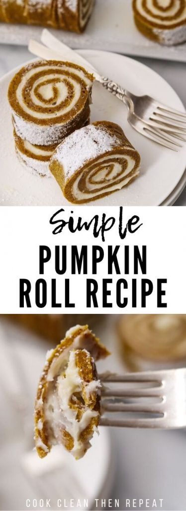 long pin showing two images of finished cake roll recipe and text in the middle.