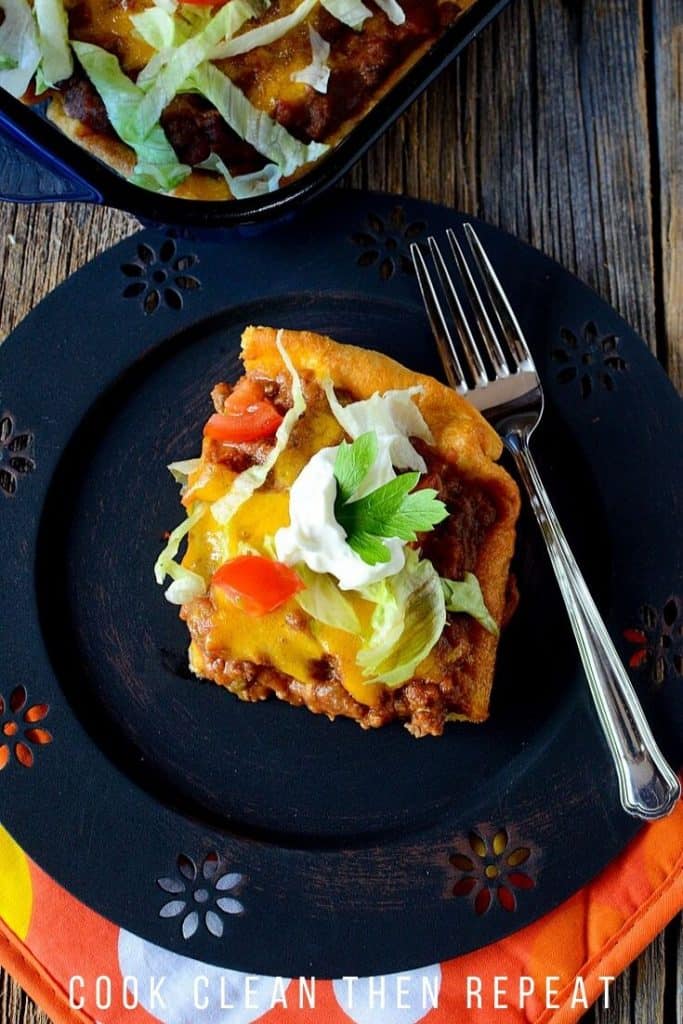 Top down view of the finished taco bake recipe.