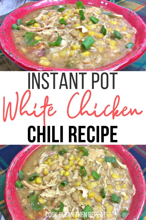 White chicken chili in a bowl ready to eat top and bottom and title in the middle of the pin!