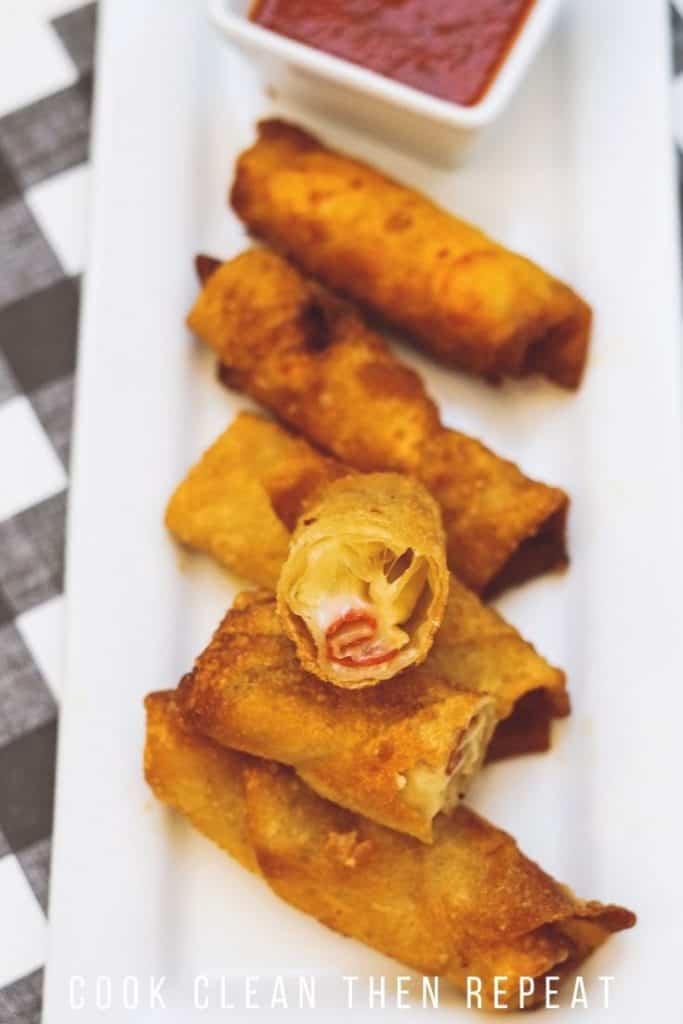 top down view of the finished pizza egg rolls.
