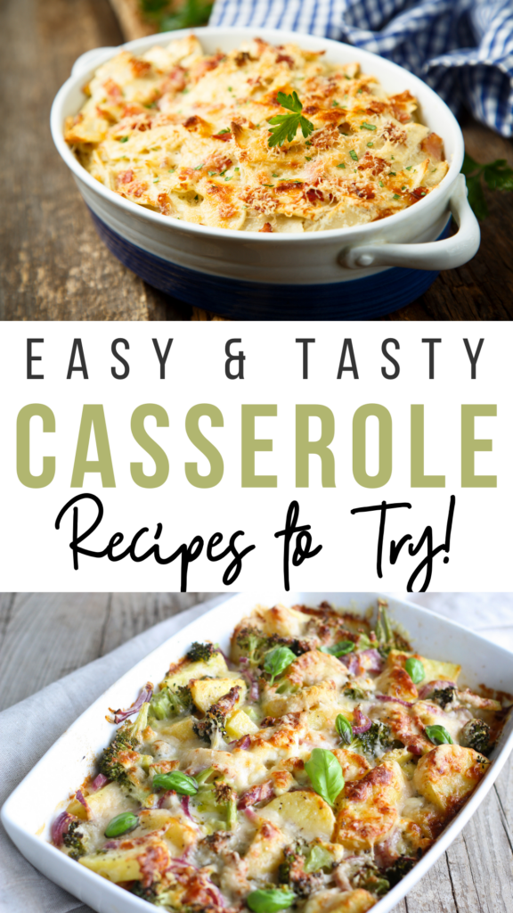 Pin showing the finished easy and delicious casserole recipes with title across the middle. 