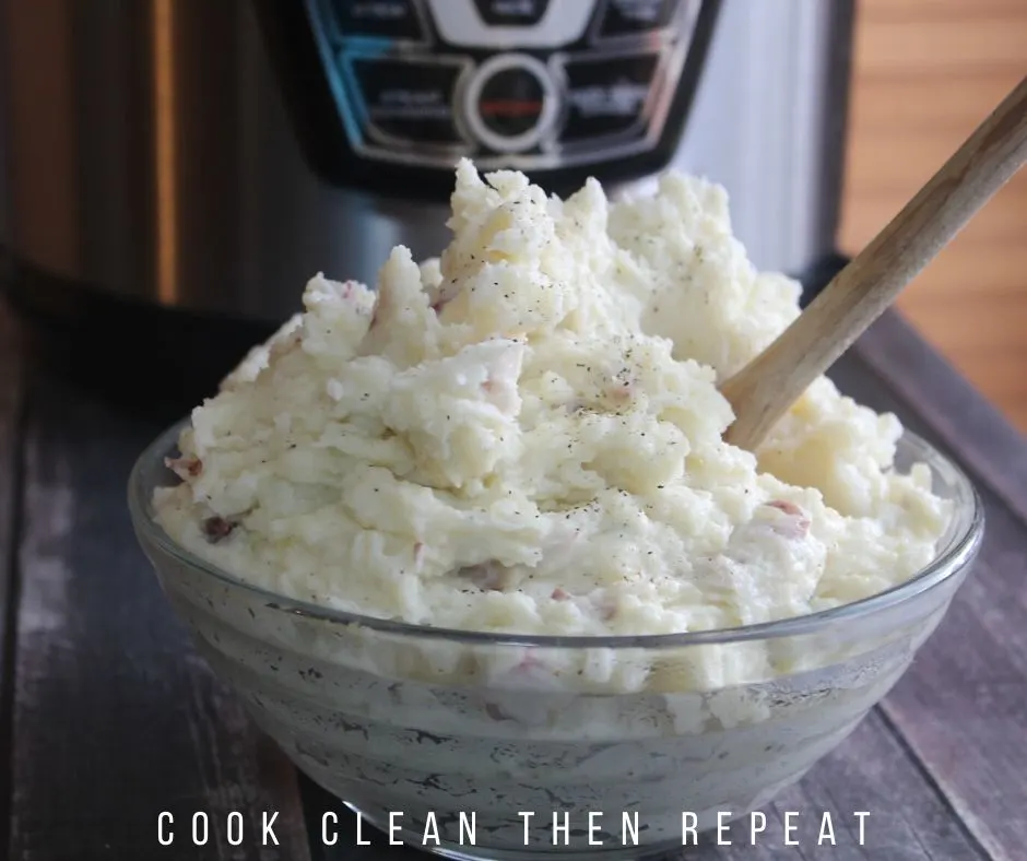 view of finished garlic mashed potatoes from the Instant Pot