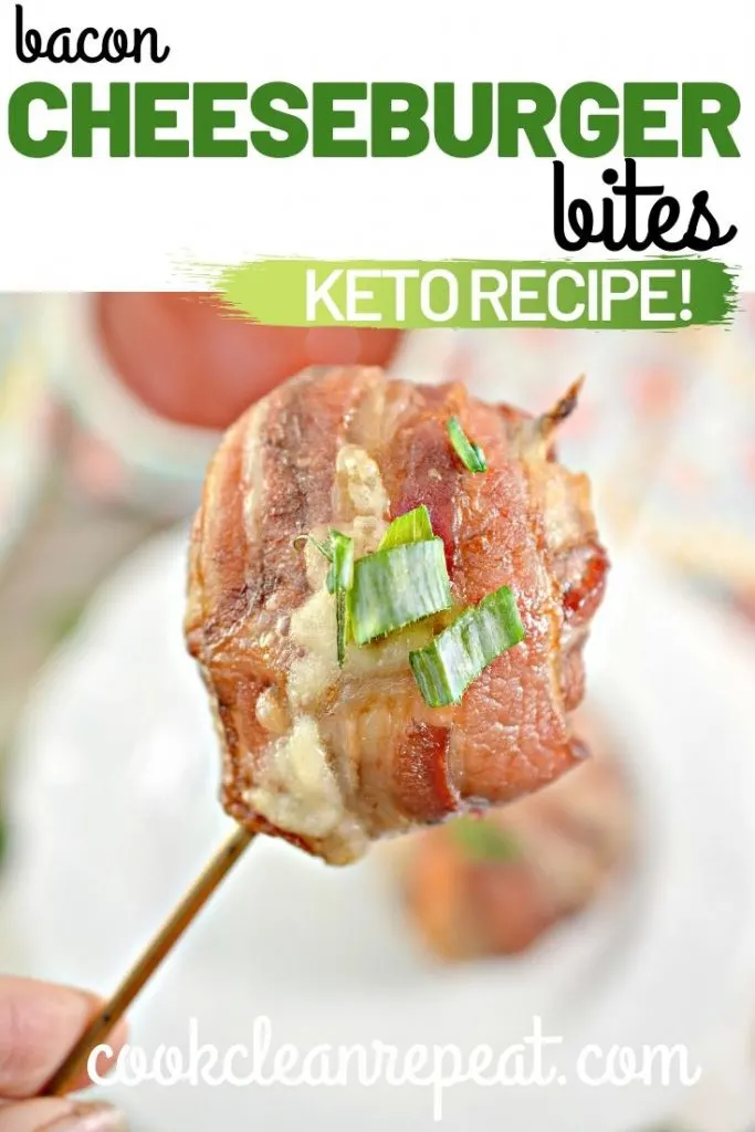 Another pin showing the keto bacon cheeseburger bites on a stick ready to eat.