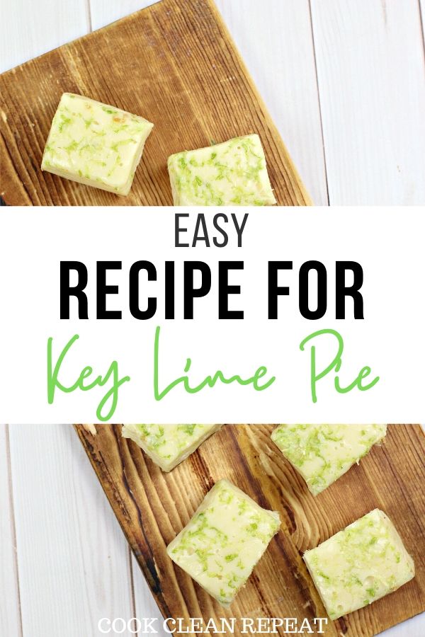 A pin showing the finished easy key lime pie bites on a platter with the title in the middle. 