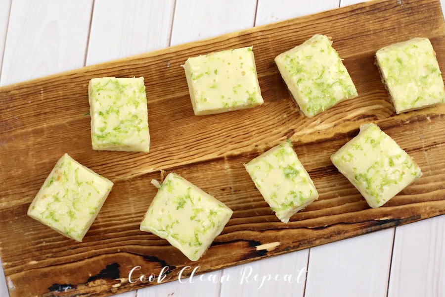 Top down view of a tray of key lime pie fudge.