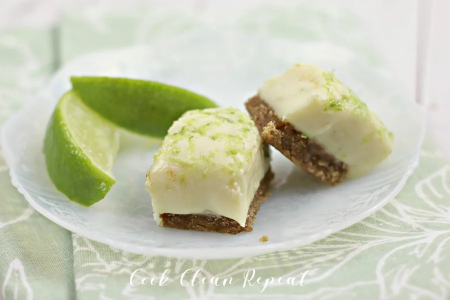 Some pieces of the key lime pie fudge finished on a tray ready to eat.