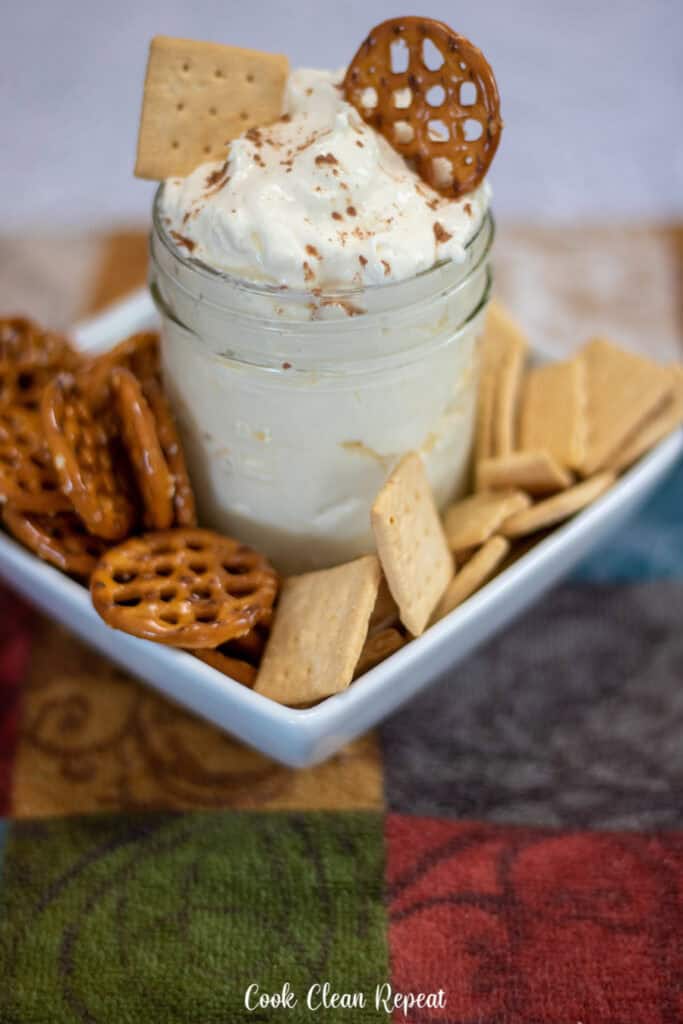 A view of the finished white chocolate cheesecake dip ready to eat.