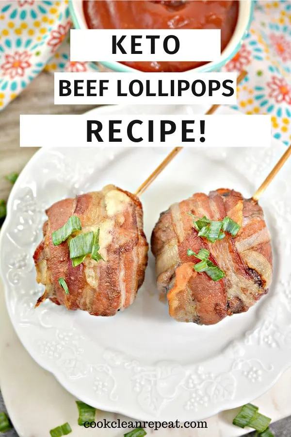 Another pin showing the delicious keto beef lollipops ready to eat.