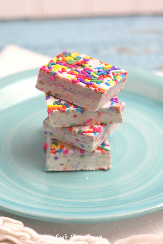 A stack of rainbow fudge ready to be enjoyed. 