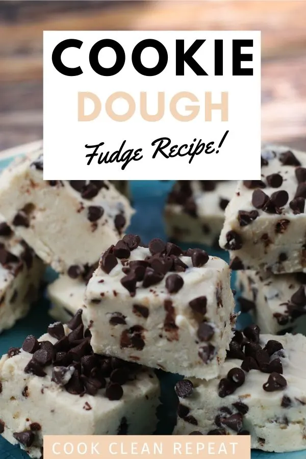 A pin showing the finished chocolate chip cookie dough fudge.