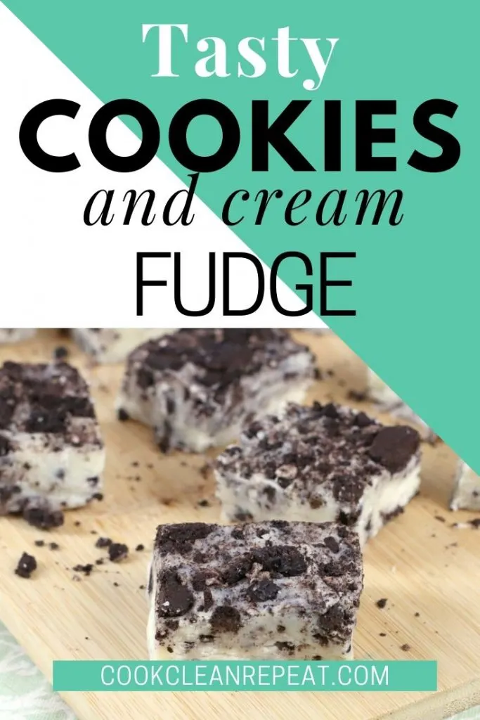 A final pin showing the finished cookies and cream fudge with title at the top and image at the bottom.