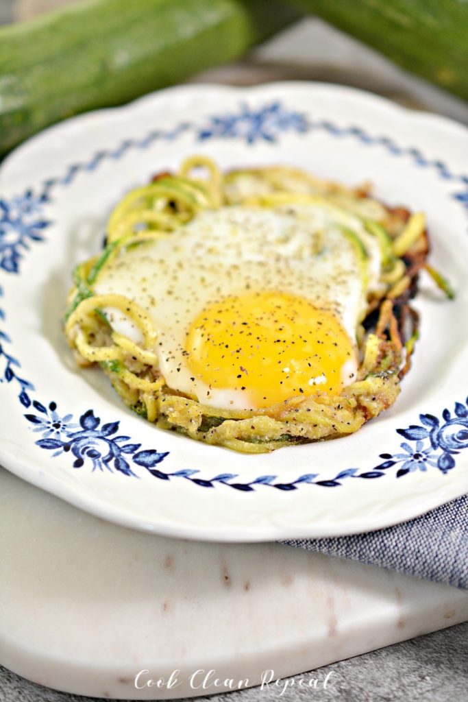 This image shows a close up of the finished egg nests made with zucchini
