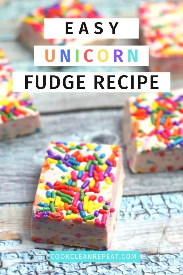 Unicorn Fudge Recipe Pin showing the finished unicorn dessert and the title at the top
