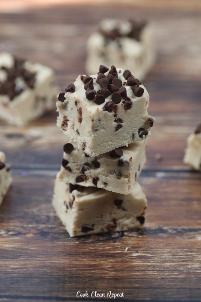 A stack of the finished cookie dough fudge ready to be eaten