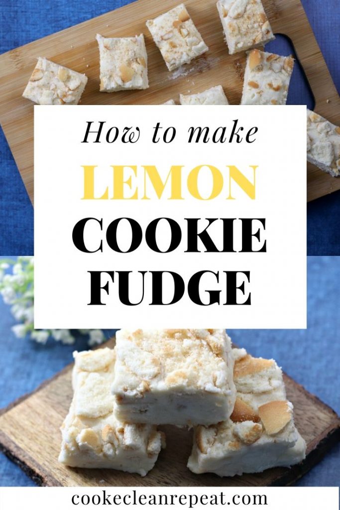 A pin showing the finished lemon fudge recipe