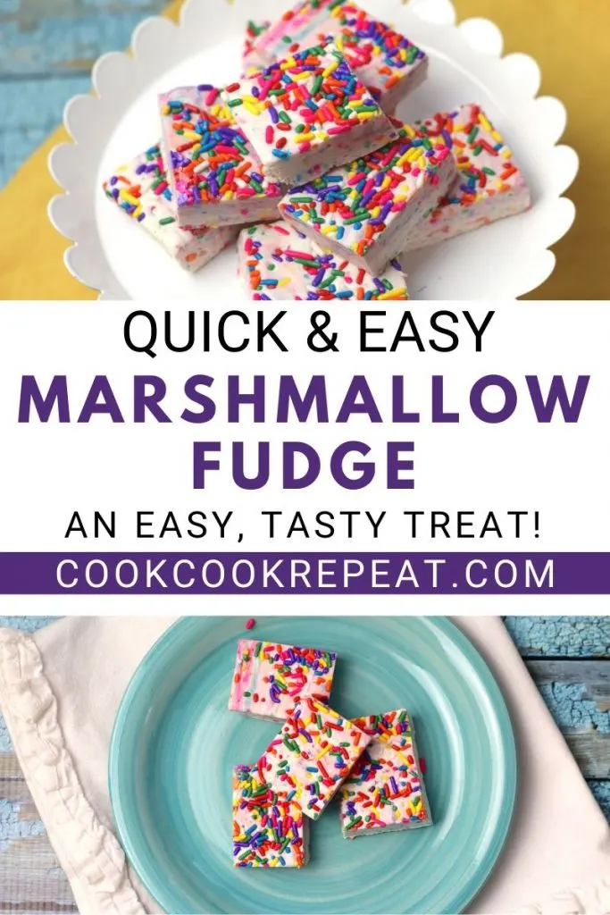 Quick and Easy marshmallow fudge recipe pin with final images and title in the middle. 