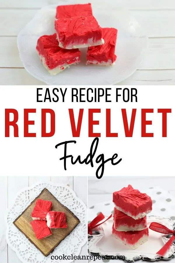Another pin for the red velvet fudge recipe with finished images.
