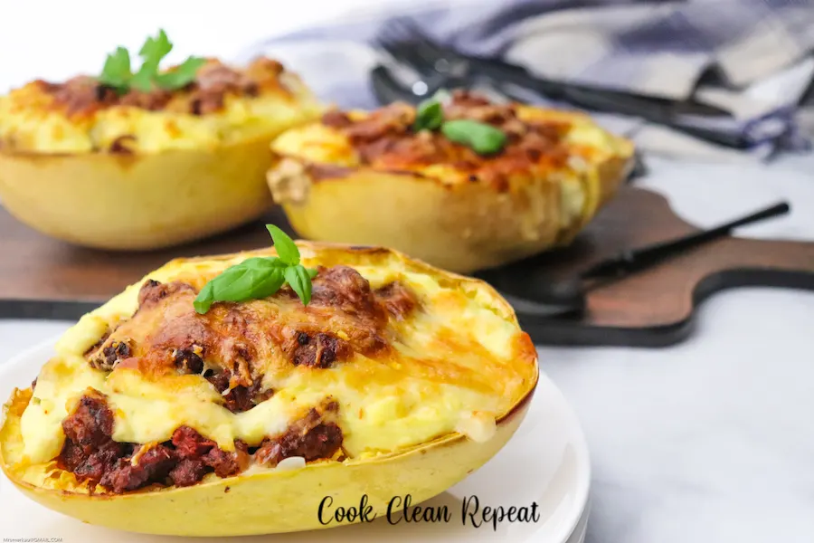 Featured image showing the recipe for baked spaghetti squash finished and ready to be shared.