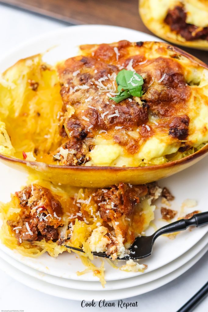 another beautiful image that shows the finished recipe for baked spaghetti squash lasagna. 