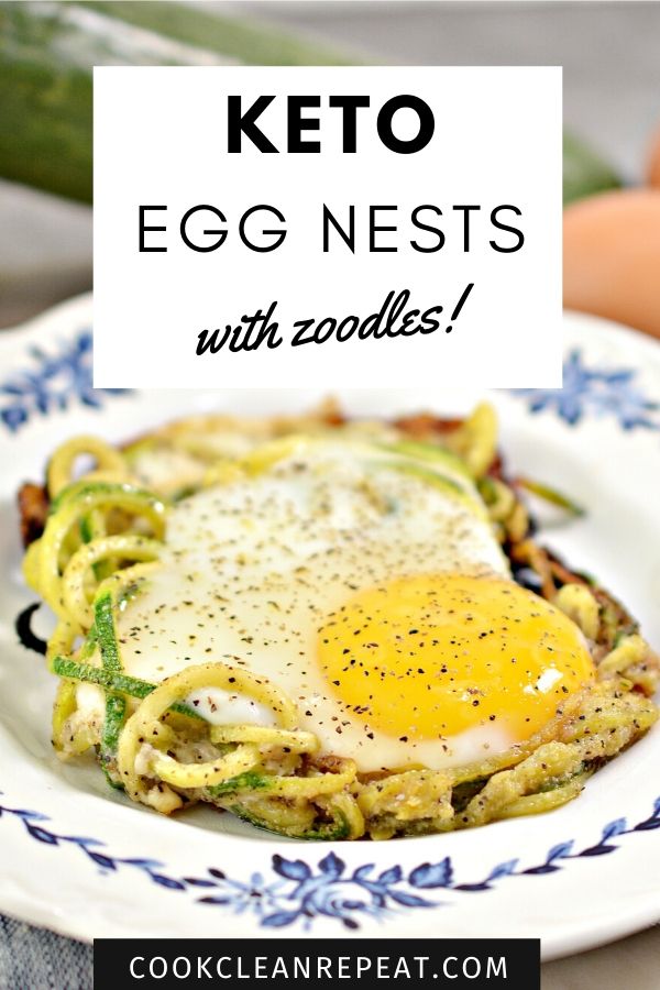 Pin showing the finished recipe for egg nests