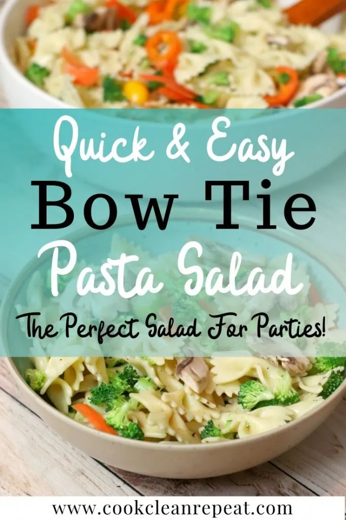 A pin showing the bow tie pasta salad in a bowl ready to eat.