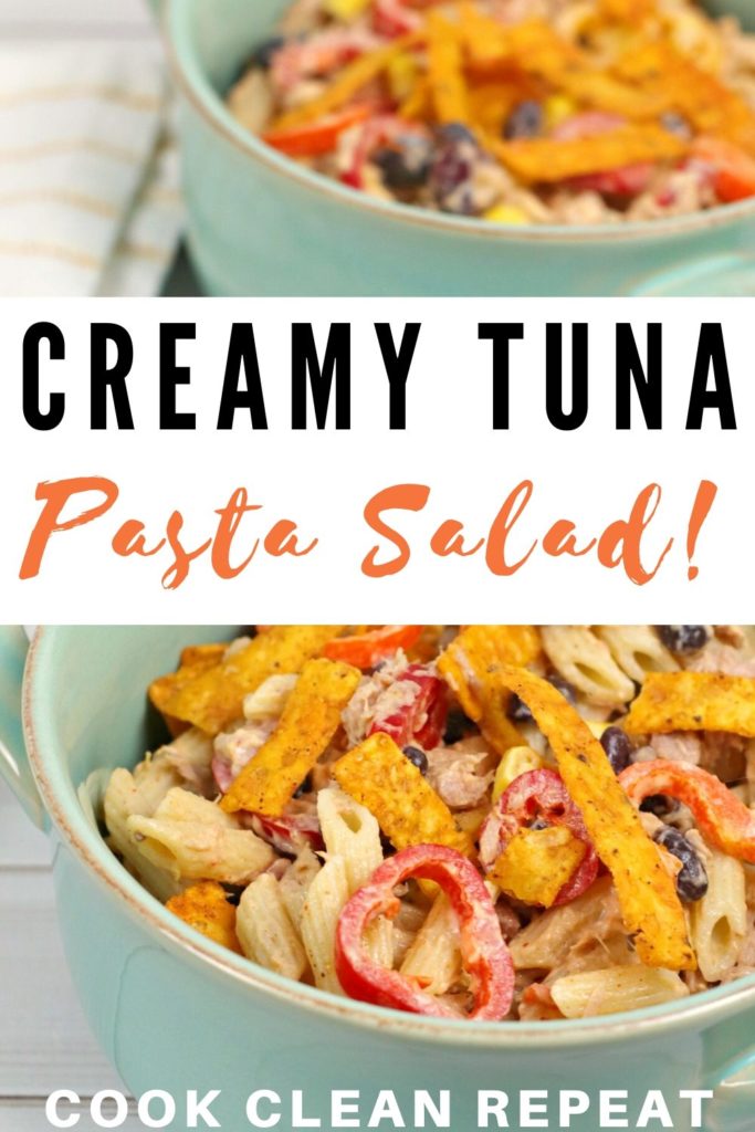 Another pin showing the finished recipe and the title in the middle creamy tuna pasta salad. 